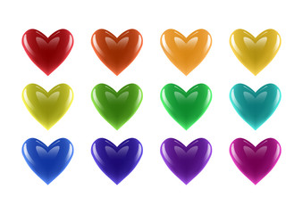 Shiny 3D hearts. Colorful shiny hearts vector illustration set.