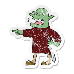 distressed sticker of a cartoon goblin with knife