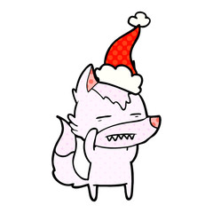 comic book style illustration of a wolf showing teeth wearing santa hat