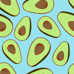 Handdrawn avocado seamless pattern on blue background