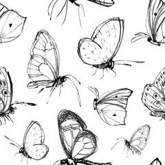 Seamless pattern with hand drawn butterflies