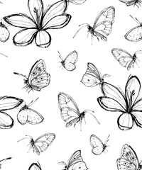 Seamless hand drawn pattern with crocus flower and butterflies