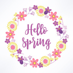 Floral wreath with daisy, lilac and colorful flowers