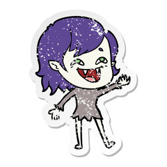 distressed sticker of a cartoon laughing vampire girl