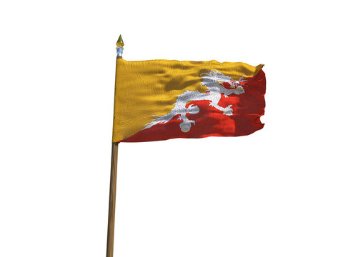 Bhutan flag Isolated Silk waving flag of Kingdom of Bhutan made transparent fabric with wooden flagpole golden spear on white background isolate real photo Flags of world countries 3d illustration