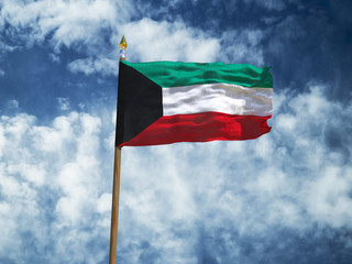 Obraz na płótnie Canvas Kuwait flag Silk waving flag of Kuwait made transparent fabric with wooden flagpole gold spear on background sunny blue sky white smoke clouds real retro photo Countries of world 3d illustration
