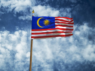 Malaysia flag Silk waving flag of Malaysia made transparent fabric with wooden flagpole gold spear on background sunny blue sky white smoke clouds real retro photo Countries of world 3d illustration