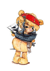 Teddy bear in the form of a pirate with a ship