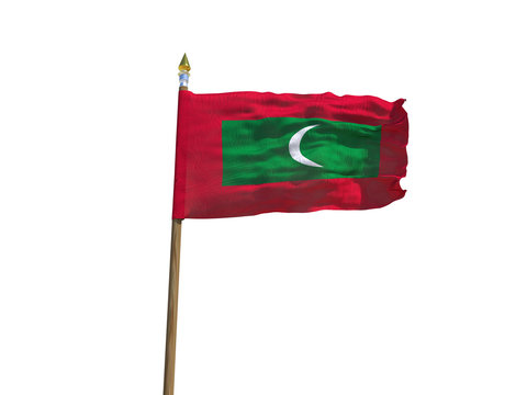 Maldives flag Isolated Silk waving flag of Republic of Maldives made transparent fabric with wooden flagpole golden spear on white background isolate real photo Flags world countries 3d illustration