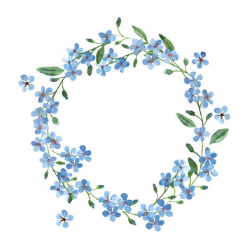 watercolor blue wreath of forget-me-not with green leaves on white background