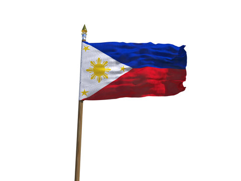 Philippines flag Isolated Silk waving flag of Republic of the Philippines c made transparent fabric with wooden flagpole golden spear on white background isolate real photo Flags world 3d illustration