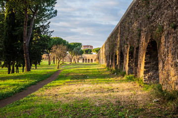 Parco degli Acquedotti at sunset in Rome, Italy