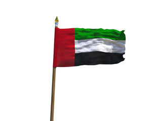 Fototapeta premium United Arab Emirates flag Isolated Silk waving flag of United Arab Emirates UAE made transparent fabric with wooden flagpole golden spear on white background isolate real photo Flags 3d illustration