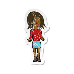 retro distressed sticker of a cartoon woman shrugging shoulders