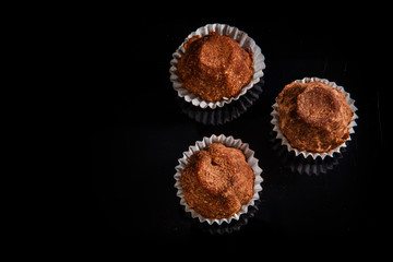 top view three healthy useful organic handmade chocolate candies