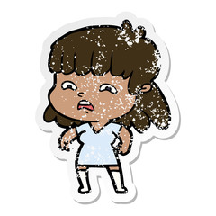 distressed sticker of a cartoon worried woman