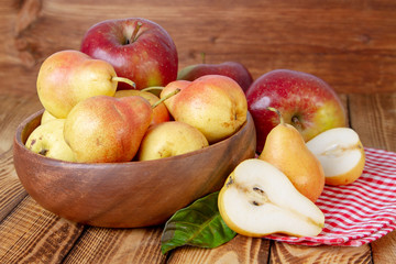 Red Apple Pear Bowl Cup Red Napkin Old Rustic Wooden