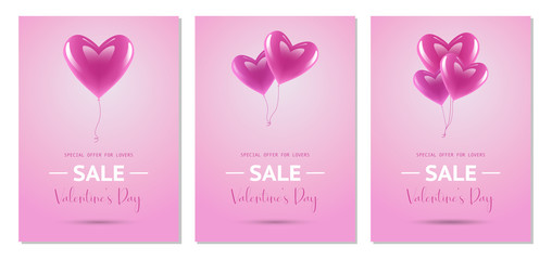 Valentine's day sale poster, banner set. 3 different Valentine's day discount poster from pink balloon hearts in soft backgrounds. Realistic, 3D concept vector illustrations.
