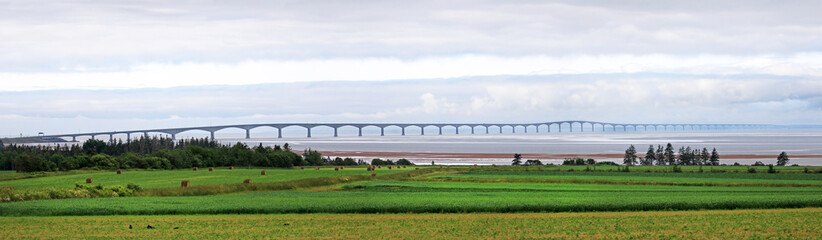 Panorama Photo of the Prince Edward Island Confederation Bridge, North side.  PEI, Canada. Cloudy...