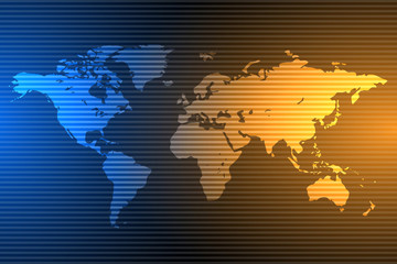 Blue and orange global map background with vertical lines, vector