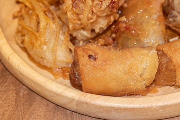 taro Deep fried spring roll on wooden plate