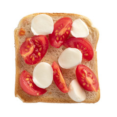 toast with tomato and mozzarella on white background