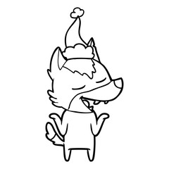 line drawing of a wolf laughing wearing santa hat
