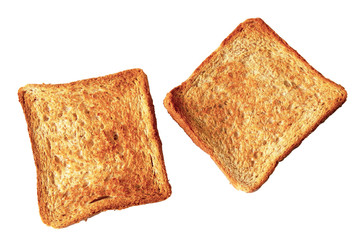 Two slices of toast bread isolated on white background. Toasted wheat bread. Closeup, top view