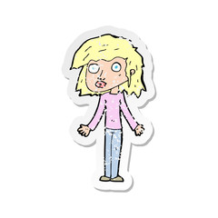 retro distressed sticker of a cartoon girl shrugging shoulders