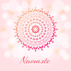 Bright indian mandala. Circle ornament on pink background. Namaste wish flyer