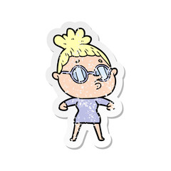 distressed sticker of a cartoon woman wearing glasses