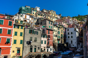 The cityscape townscape of Riomaggiore viewed from the sea