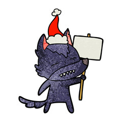 textured cartoon of a wolf with sign post showing teeth wearing santa hat