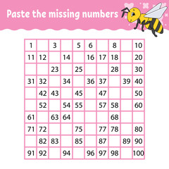Paste the missing numbers. Handwriting practice. Learning numbers for kids. Education developing worksheet. Activity page. Game for children. Isolated vector illustration in cute cartoon style.