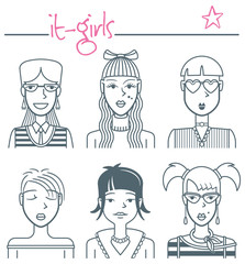 Six It-girls. A set of avatars of chic young women. The avatars are drawn with simple thin lines.