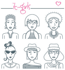 It-girls. A set of avatars of chic young women. The avatars are drawn with simple thin lines.