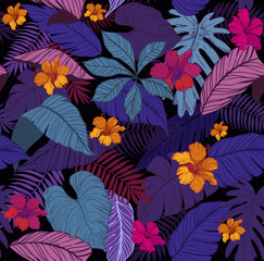 Seamless pattern with tropical leaves and flowers. Vector illustration