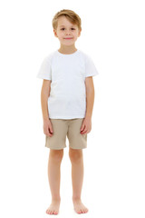 Emotional little boy in a pure white t-shirt.