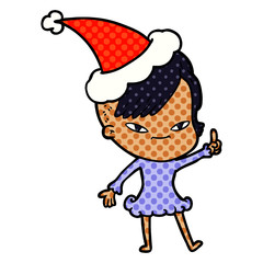 cute comic book style illustration of a girl with hipster haircut wearing santa hat