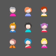 Female faces avatars. Girls with short hair. Vector illustration