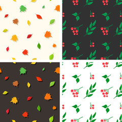 Collection of summer-fall seamless patterns. The whirling leaves and ripe berries perfectly decorate any shape