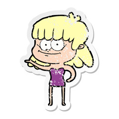 distressed sticker of a cartoon smiling woman