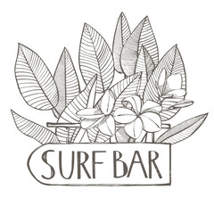 Surf bar. Composition this Signboard and Tropical palm leaves, graphic illustration. Graphic hand drawn painted illustration.