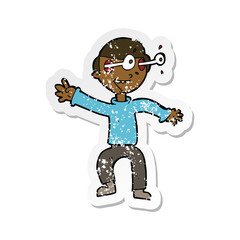 retro distressed sticker of a cartoon amazed boy