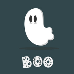 Postcard with soaring ghost and cartoon inscription BOO decorated with ornament