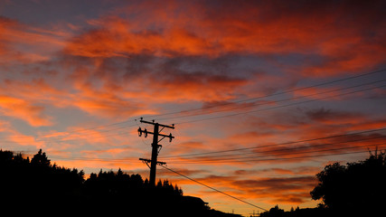 Sunrise and electriticy wires, Wanaka, New Zealand