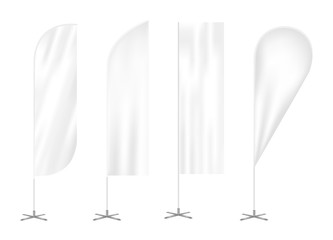 Vector set of four outdoor vertical feather advertising promo flags. Waving wind blade, teardrop and straight banners. Realistic blank template or mock up of bow flags isolated on a white background.