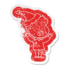 cartoon distressed sticker of a man gasping in surprise wearing santa hat