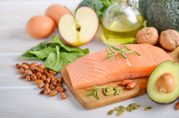 Selection of healthy products. Balanced diet concept.