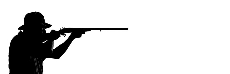 Silhouette of a hunter with a gun aiming at prey. Isolated image, place for your advertisement.